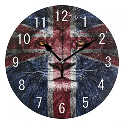 Image of Use7 Home Decor Vintage Lion Head Union Jack Round Acrylic Wall Clock Non Ticking Silent Art for Living Room Kitchen Bedroom