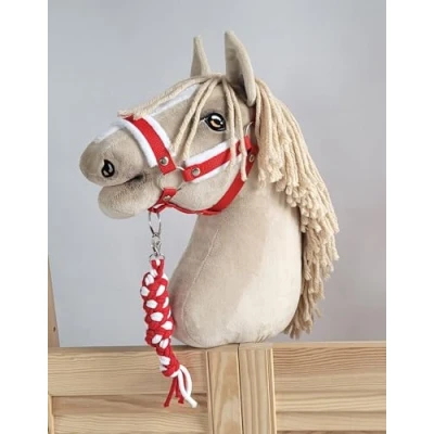 Image of Hobby Horse set: A3 halter with fur + string tether. Set without a horse. White red.