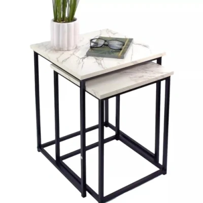 Image of Dylex Square Coffee Table, Set of 2 Nesting Table with White Marble Effect Top Black Metal Frame, side tables For Living Room