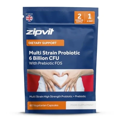 Image of Zipvit Probiotic 6 Billion CFU with Prebiotic Pouch, Multi Strain Probiotics for Gut Health, 5 Strains Including Lactobacillus Acidophilus, 60 Vegetarian Capsules Women &amp; Men, 2 Month Supply
