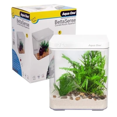Image of Aqua One Acrylic Betta Sense 9.7L Siamese Fighter Nano Tank, White, with Built in Filter, LCD Thermometer and Light