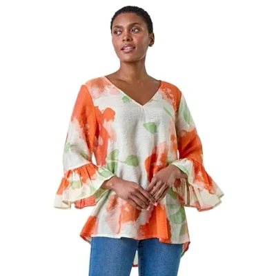 Image of Roman Womens Floral Print Frill Sleeve Top Orange Size 10 UK