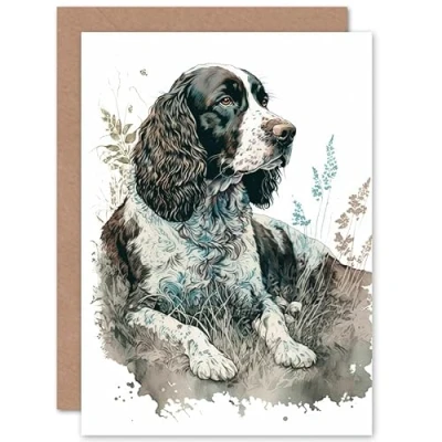 Image of Artery8 English Springer Spaniel Dog Lying in Field Modern Watercolour Illustration Art Birthday Sealed Greeting Card Plus Envelope Blank inside
