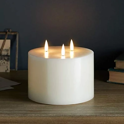 Image of Lights4fun 3 Wick TruGlow® Large Battery LED Flameless Pillar Candle Real Ivory Wax Timer 10cm