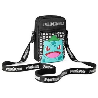 Image of Pokemon Shoulder Bag Cross Body for Kids Adjustable Strap Pikachu Small Travel Gamer Gifts (Black Bulbasaur)