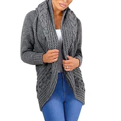 Image of Ladies Women&#039;s Cable Knit Wool Open Long Sleeved Oversized Chunky Cardigan Shrug Cape Knitwear Outerwear Colours Available Charcoal Stone Black Silver Grey Wine Nude Khaki Cream Mustard (Charcoal)