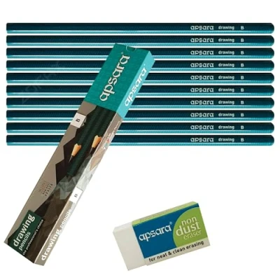 Image of Sketching Pencils, B Graded, Pack of 10, Graphite Lead, Professional Artists Drawing Pencils Eraser Pack, Sketch Draw Shade Write, iZOFAX Black Ball Pen