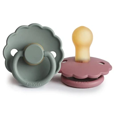Image of FRIGG Daisy Latex Pacifier Pack of 2 Natural Rubber Soother Dummy BPA Free Made in Denmark Symmetrical Cherry Shaped Nipple (Cedar/Lily Pad, Size 1 (0 6 Months))