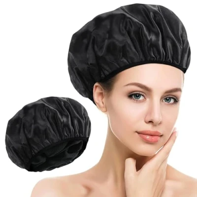 Image of Black Shower cap for Women, Large Triple Layer Waterproof with Microfiber Liner, Reusable Long Hair Practical Bathing Accessories All Lengths