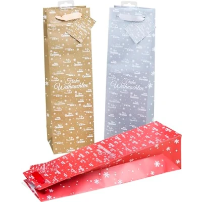 Image of Heku Pack of 25 Glitter Paper Bottle Bags, Merry X Mas, 3 Colours (red, Silver, Gold), Flaschentaschen 40x10x12cm