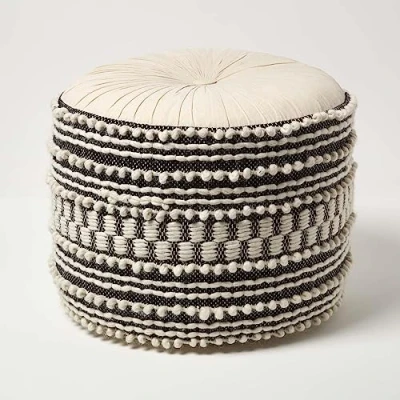Image of HOMESCAPES White &amp; Black Macrame Pouffe with Bohemian Style Cover “Priya 40 cm Tall Cotton Wool Crochet Tufted Decorative Footstool