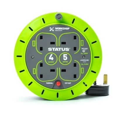 Image of STATUS 2 Socket Cable Reel, 5m Green Extension Lead, 13A with Thermal Cut Out, Heavy Duty Outdoor S5M13ACR3