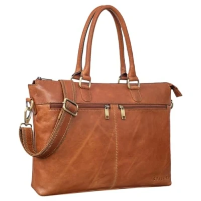 Image of STILORD &#039;Bailey&#039; Business Laptop Bag Leather 15 inch Large for Work Office Meeting Vintage Notebook Shoulder Trolley Attachable, Colour:texas brown