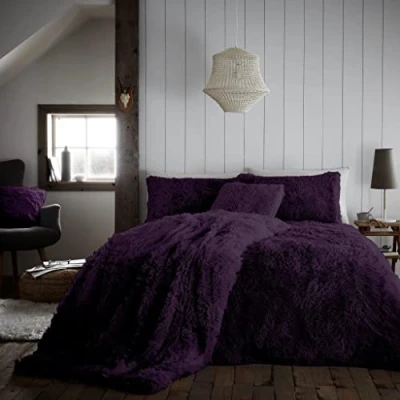 Image of GC GAVENO CAVAILIA Teddy Fleece Duvet Cover Double, Cuddle Fluffy Bedding Set, 3Pcs Thermal Warm Quilt Covers, Purple