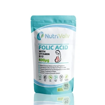 Image of Nutrivolv Folic Acid 400µg with Vitamin B12 90 Vegan Tablets Pregnancy &amp; Prenatal Health, Tiredness Fatigue Support, Women’s Health Supplement