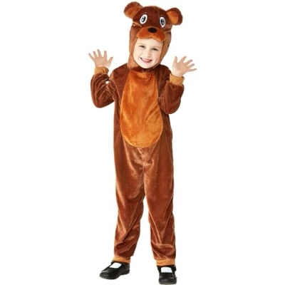 Image of Smiffys Toddler Bear Costume, Brown with Hooded Jumpsuit, Children&#039;s Animal Fancy Dress, Dress Up Costumes