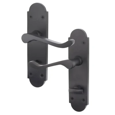 Image of EAI Black Bathroom Door Handles Victorian Scroll Shaped 1 Pair of Internal Matt Lever on Backplate