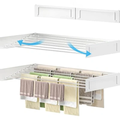Image of homeart Wall Mounted Drying Rack Retractable, Space Saving, Durable Clothes Dryer 50 Kg Capacity, Easy to Install, Collapsible for Indoor &amp; Outdoor Use White, 120cm