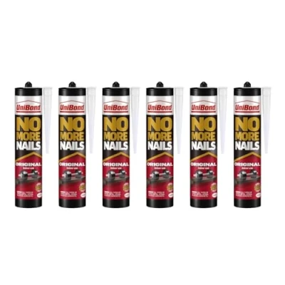 Image of UniBond No More Nails Original, Heavy Duty Mounting Adhesive, Strong Glue for Wood, Ceramic, Metal etc, White Instant Grab Pack of 6 (6 x 365g Cartridges)