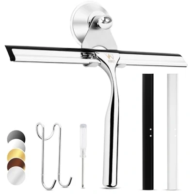 Image of Wunset 25 cm Shower Squeegee, Large Silver Window Squeegee 6 Pieces Set Including 2 Replacement Silicone Lips, Cleaner for Doors and Various Smooth Surfaces (25 cm, Silver)