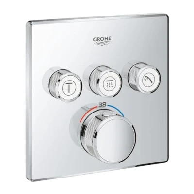 Image of GROHE Grohtherm SmartControl Concealed Square Thermostat for Shower or Bath (3 Valves, Push ON OFF, Turn Volume Adjustment, Safety Button at 38C, Requests Rapido SmartBox), Chrome, 29126000