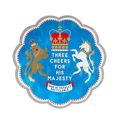 Image of Talking Tables Home Recyclable Royal Paper Plates King Charles Coronation Street Party Table Decorations Red White Blue (Plastic Free Packaging) 23cm Pack of 12