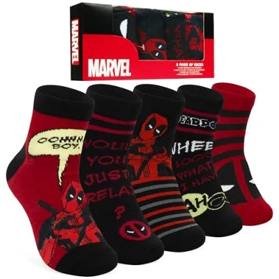Image of Marvel Mens Ankle Socks, Soft and Breathable Socks Pack of 5 Gifts for Him (Black/Red Deadpool)
