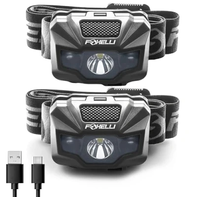 Image of Foxelli LED Head Torch Rechargeable [2 Pack] Ultralight USB Headtorch for Adults &amp; Kids, Waterproof Headlamp with Red Light Running, Camping, Fishing Outdoors