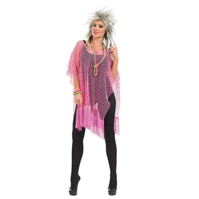 Image of Fun Shack Adults Pink Punk Rock Poncho 80s Womens Mens Unisex Neon Costume Accessory, One Size, Mesh Top
