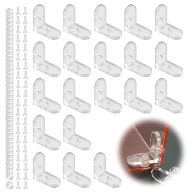 Image of 20 x L Bracket, Corner Squares, Plastic Braces, 90 Degrees, with Screws and Nuts, Acrylic, Transparent