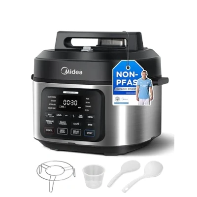 Image of Midea 9 in 1 Multi Cooker, 6L with 12 Cooking Functions Pressure Cook (Slow&amp;Rice Sous Vide, Cake Maker, etc.), 70% Faster, Non Stick Brushed Steel &amp; Black