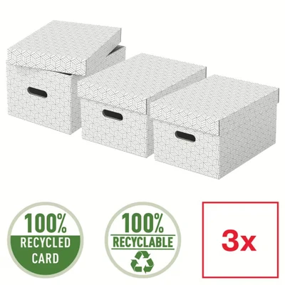 Image of Esselte Medium Storage Box With Lid, Pack Of 3, Home/Office &amp; Organisation, 100% Recycled Cardboard, Recyclable, Geometric Design, White, 628282