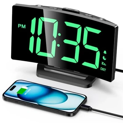 Image of GOLOZA Digital Alarm Clock for Bedrooms, with Modern Curved Design, Conspicuous Green LED Numbers, 6 Levels Brightness, 2 Volume, 3 Tones, Snooze, Power Off Memory, 12/24H, Bedside