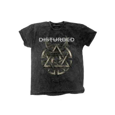 Image of Disturbed T Shirt Riveted Band Logo Official Mens Mineral Wash Charcoal Grey M