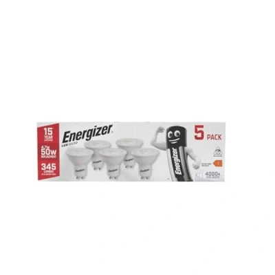 Image of Energizer GU10 LED Bulbs Cool White. 50w Equivalent Spotlight Bulbs. 4000k 345 Lumen. Non Dimmable Pack of 5