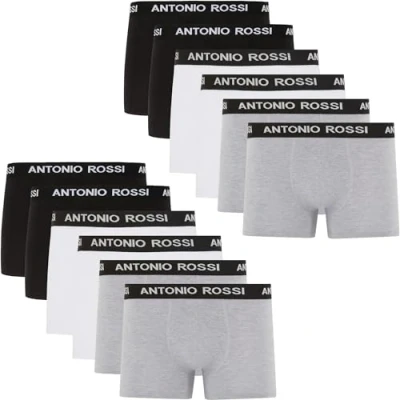 Image of ANTONIO ROSSI (12 Pack) Men&#039;s Fitted Boxer Hipsters Mens Boxers Shorts Multipack with Elastic Waistband Cotton Rich, Comfortable Underwear, Black, Grey, White, XL