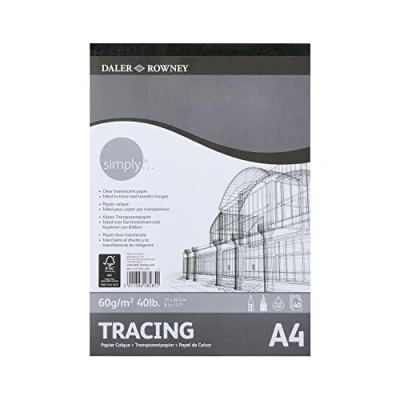 Image of Daler Rowney Simply Tracing Paper, Smooth Surface, 60 gsm, 40lb, Pad, Glued 1 Side, A3 approx. 11.7 x 16.5in 29.7 42 cm, 40 Sheets