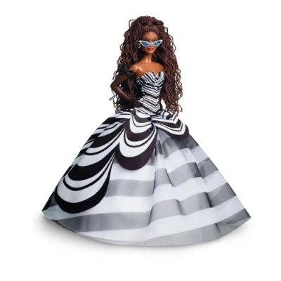 Image of Barbie Signature Doll, 65th Anniversary Collectible with Brown Braided Hair, Black and White Gown, Sapphire Gem Earrings Sunglasses, HRM59