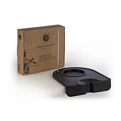 Image of Buddy&#039;s Bar Barista Edition, Premium Tamper Station with Pen, for All Sizes, Non Slip Mat, 12.6 cm x 14 cm, Height: 3.5 Pressing Espresso Filter Holder, Black