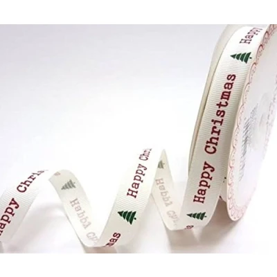 Image of Happy Christmas Print 16mm Grosgrain Ribbon on a 25m Bertie&#039;s Bows Cardboard Roll