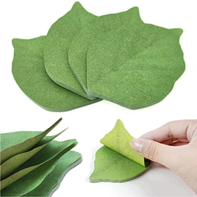Image of 4 Packs 200 Sheets Sticky Notes Stickers Removable Self Stick Scratch Pads， Beautiful Green Leaf Shaped Can be Used for Paper Notepads to Recording Thing and DIY