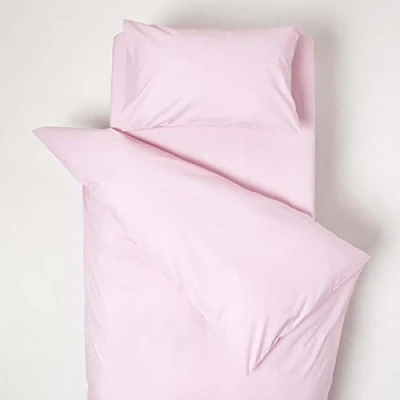 Image of HOMESCAPES Pink Cot Bed Duvet Cover Set 120 x 150cm 100% Egyptian Cotton Percale Toddler with Pillowcase Hypoallergenic Easy Care Children’s Bedding 200 TC 400 Thread Count Equivalent