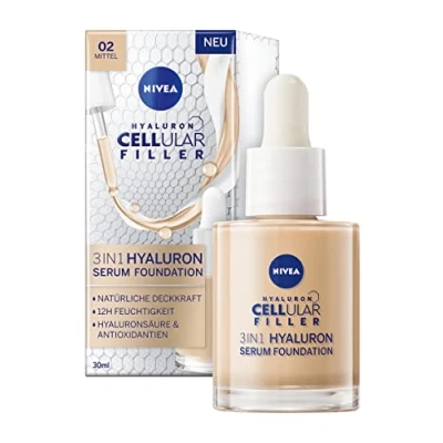 Image of NIVEA 3 in 1 Hyaluronic Serum Foundation (30ml) Anti Aging with for Younger Looking Skin Hydrating Acid