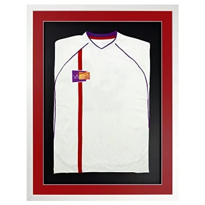 Image of Vivarti DIY Adult 3D Mounted Sports Shirt Display Frame for Football Shirt, Rugby Band T Shadow Box 60 x 80cm Gloss White Frame, Red Mount, Black Backing Card