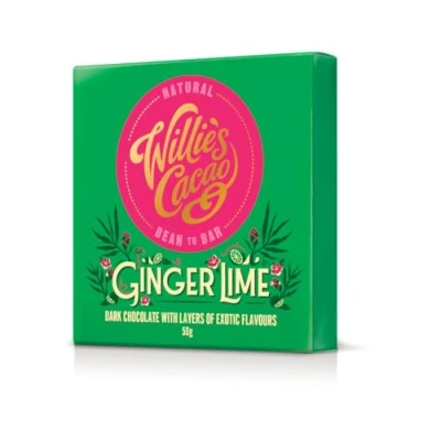 Image of Willie&#039;s Cacao Artisan chocolate Bar ginger &amp; Lime, 70% dark with and lime Vegan 50g x 12