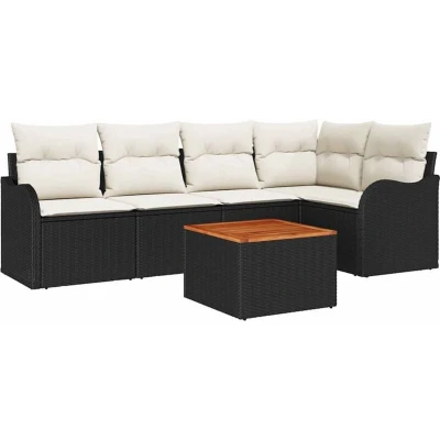 Image of vidaXL 6 Piece Garden Sofa Set with Cushions Black Poly Rattan Acacia