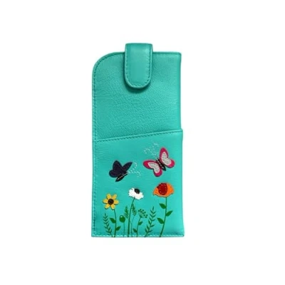 Image of Mala Leather Butterflies &amp; Flowers Wide Fitting Tab Top Glasses Case Sophia Collection (Turquoise)