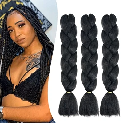 Image of 24&quot; Braiding Hair Extension Jumbo Braids Synthetic 3bundles/pack Kanekalon Crochet Afro Box Braid Heat Resistent (Black)