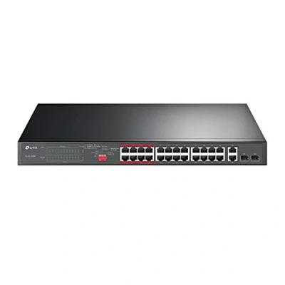 Image of TP Link 24 Port 10/100Mbps Fast Ethernet PoE Switch PoE+ Ports @250W, w/ 2 Uplink Gigabit + Combo SFP Slots Extend Mode Priority (TL SL1226P),Black