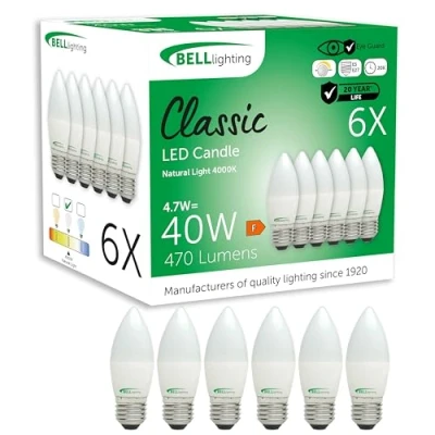 Image of Bell Lighting E27 Edison Screw Dimmable Light Bulb LED Candle 6 Pack Cool White 4000K 470 Lumen 4.7W Energy Saving 40W Halogen Lamp Equivalent